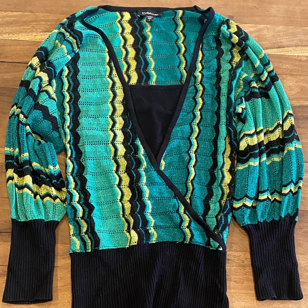 bebe Striped V-Neck Sweater - Turquoise, Lime, and Black